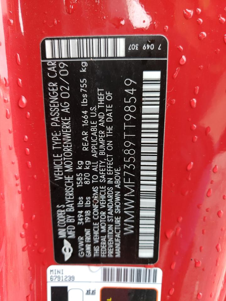 2009 Mini Cooper S VIN: WMWMF73589TT98549 Lot: 65223654