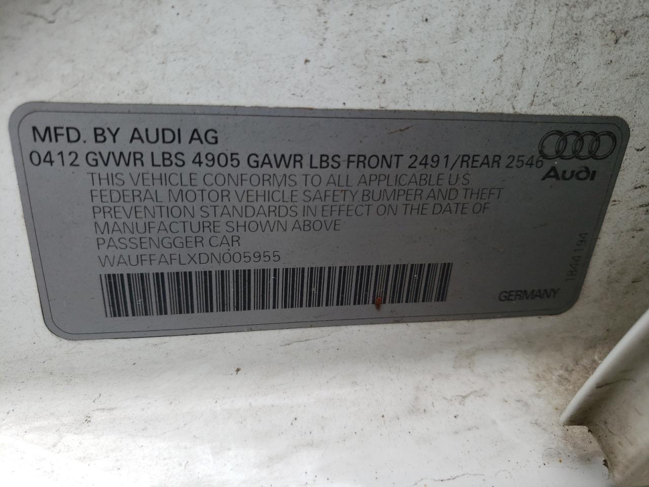 2013 Audi A4 Premium Plus VIN: WAUFFAFLXDN005955 Lot: 64637804