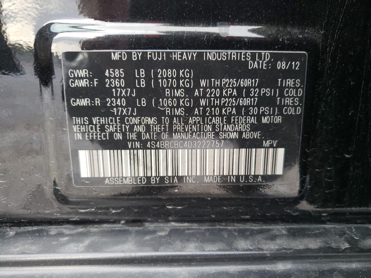 2013 Subaru Outback 2.5I Premium VIN: 4S4BRCBC4D3222757 Lot: 65353584