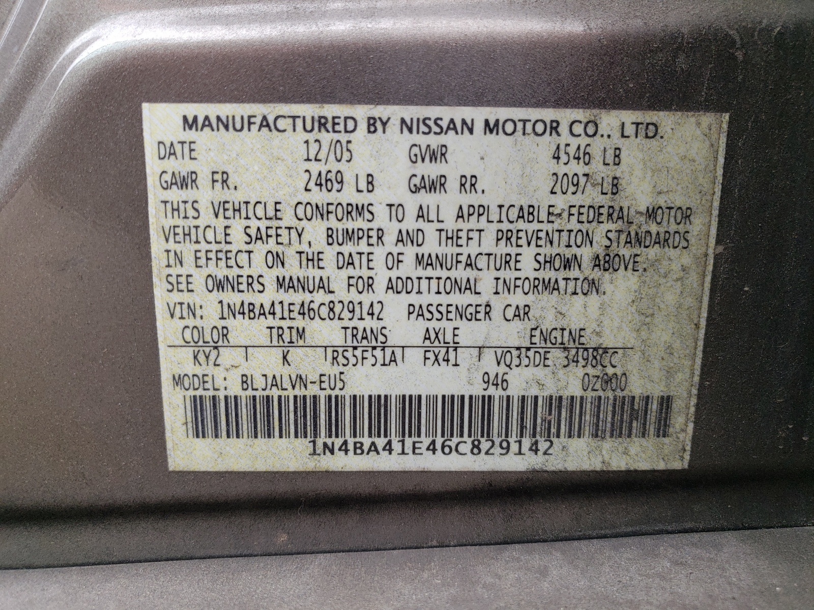 1N4BA41E46C829142 2006 Nissan Maxima Se