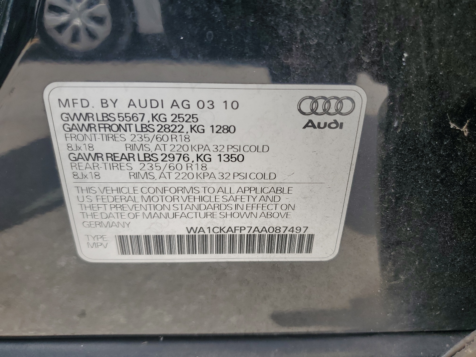 WA1CKAFP7AA087497 2010 Audi Q5 Premium