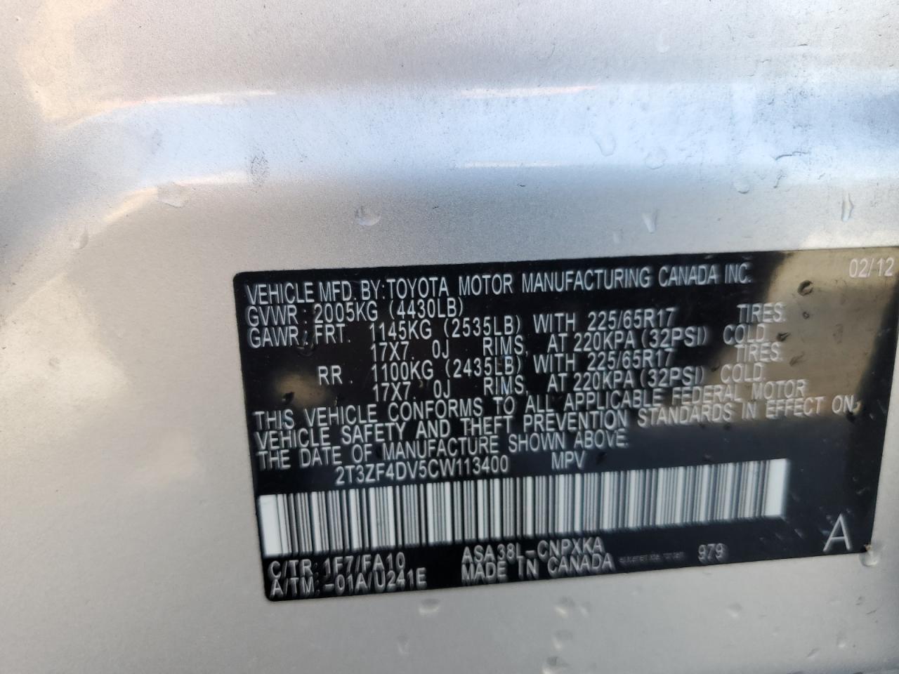 2012 Toyota Rav4 VIN: 2T3ZF4DV5CW113400 Lot: 64023404