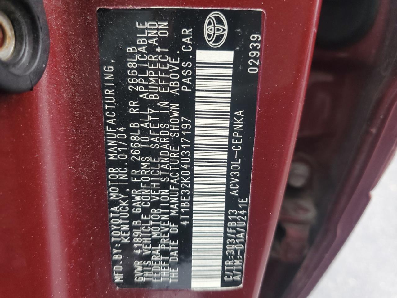 2004 Toyota Camry Le VIN: 4T1BE32K04U317197 Lot: 62798254