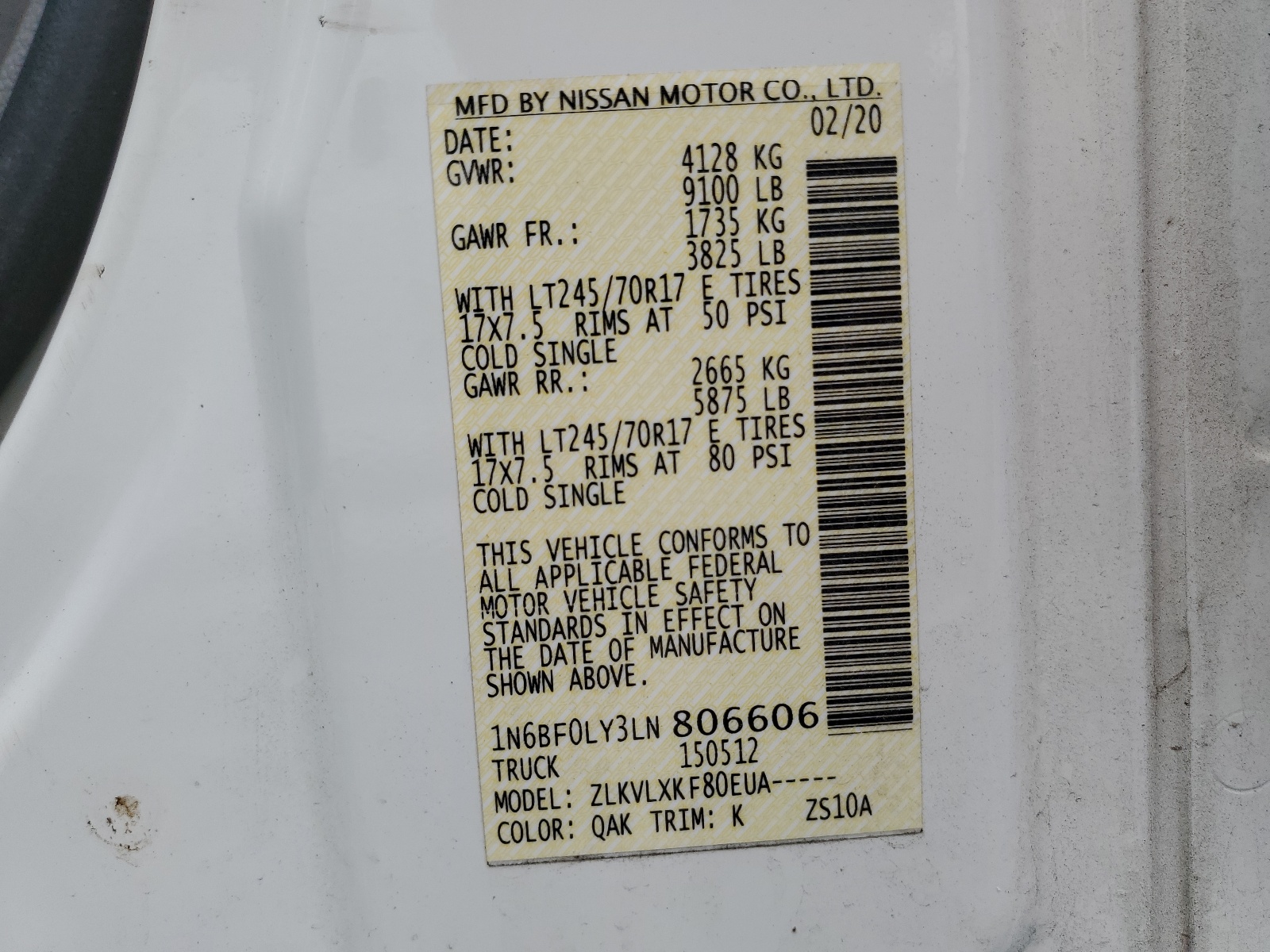 1N6BF0LY3LN806606 2020 Nissan Nv 2500 S