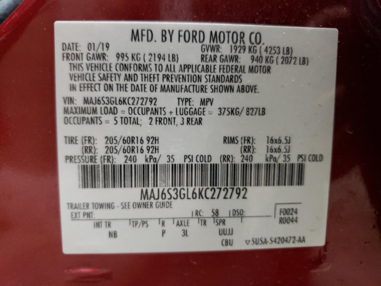 2019 Ford Ecosport Se VIN: MAJ6S3GL6KC272792 Lot: 64086474