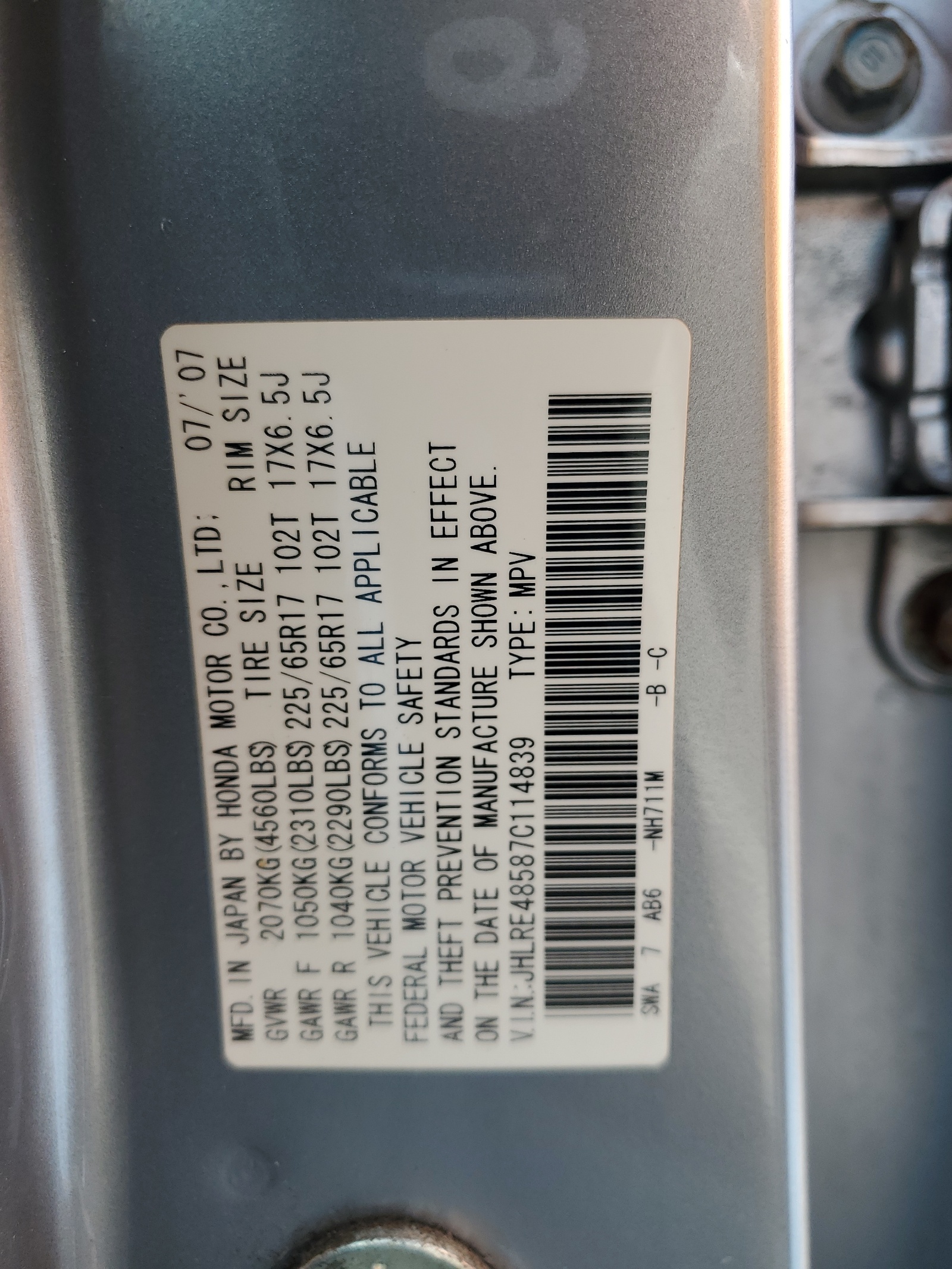 JHLRE48587C114839 2007 Honda Cr-V Ex