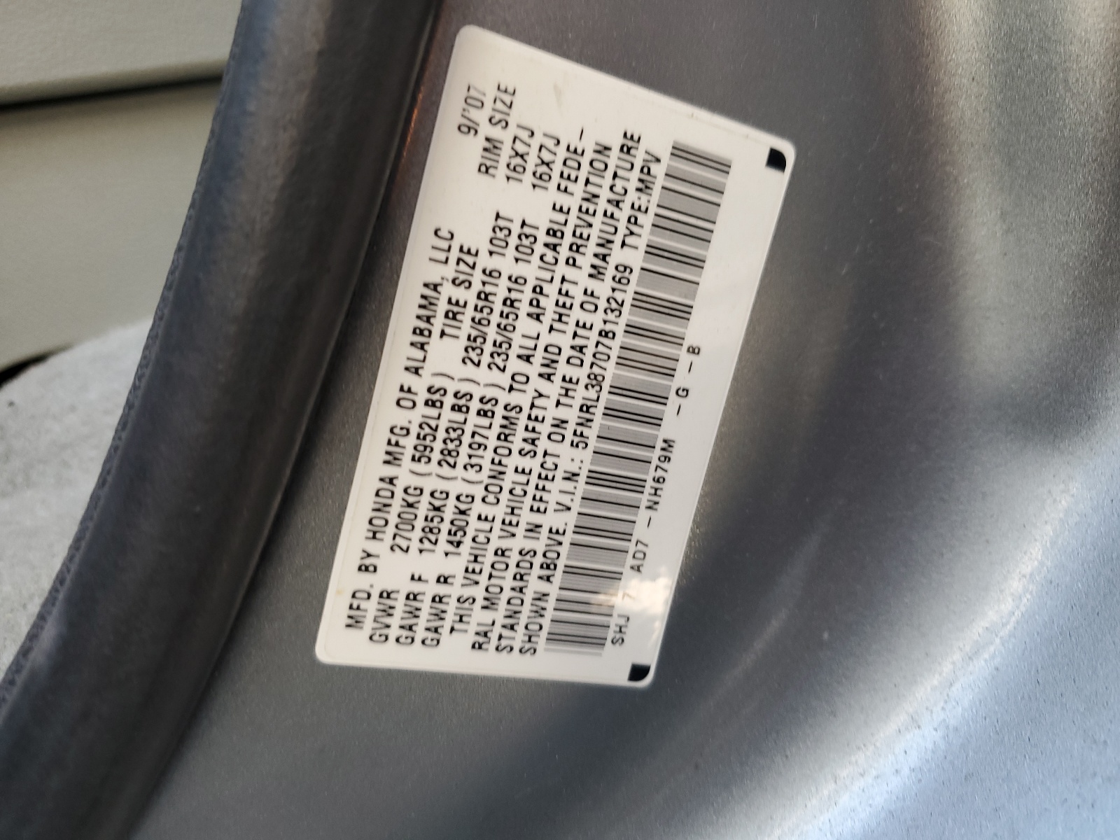 5FNRL38707B132169 2007 Honda Odyssey Exl