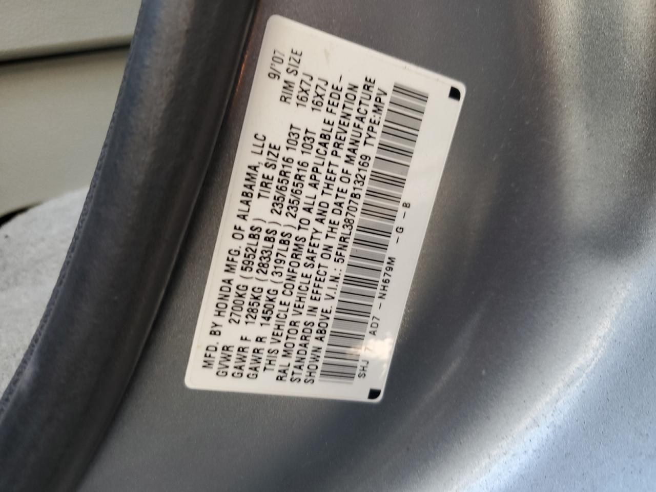 2007 Honda Odyssey Exl VIN: 5FNRL38707B132169 Lot: 64779834