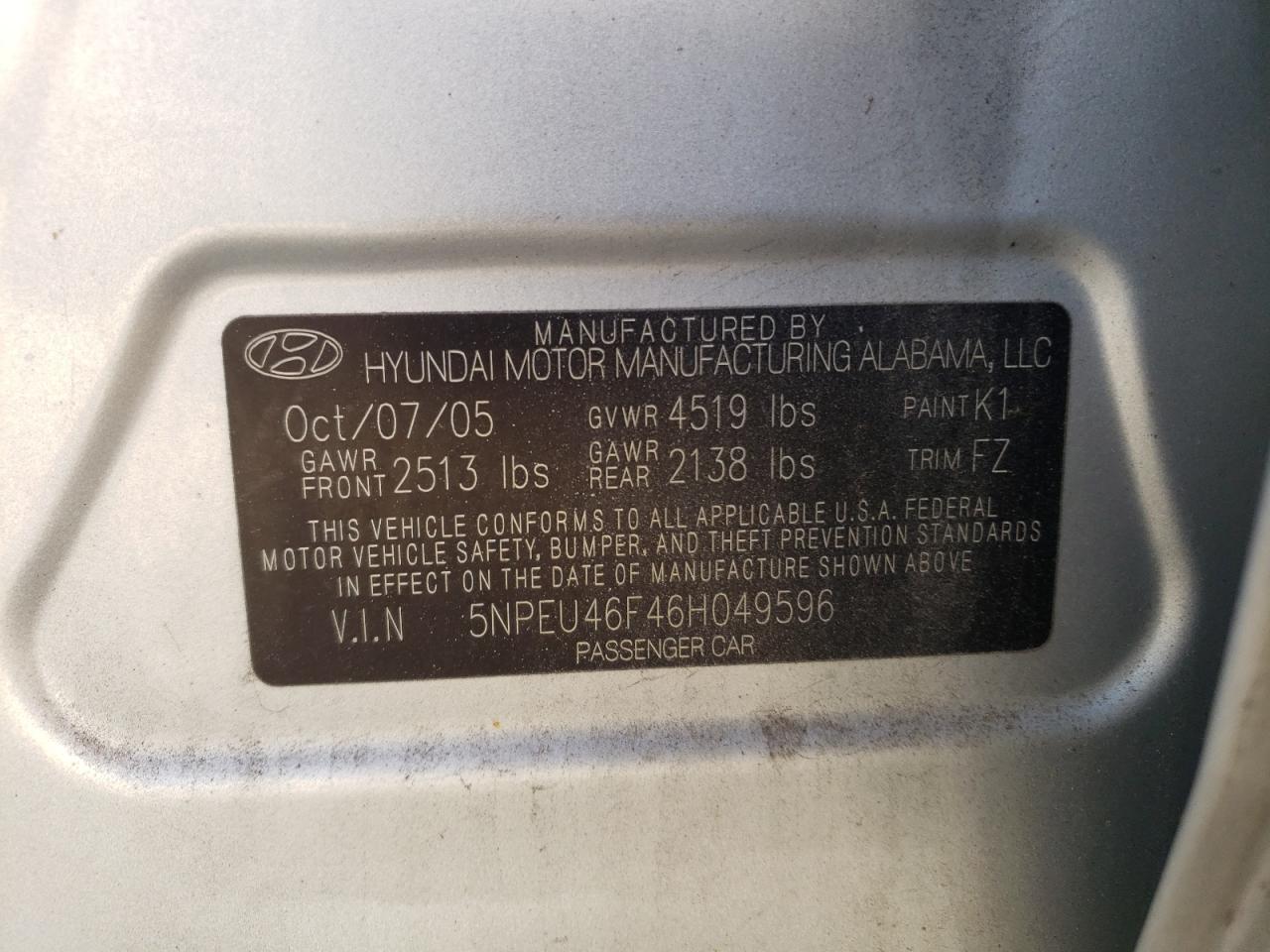 5NPEU46F46H049596 2006 Hyundai Sonata Gls