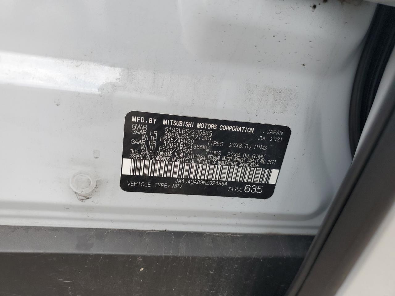 2022 Mitsubishi Outlander Se VIN: JA4J4UA89NZ024864 Lot: 62816584