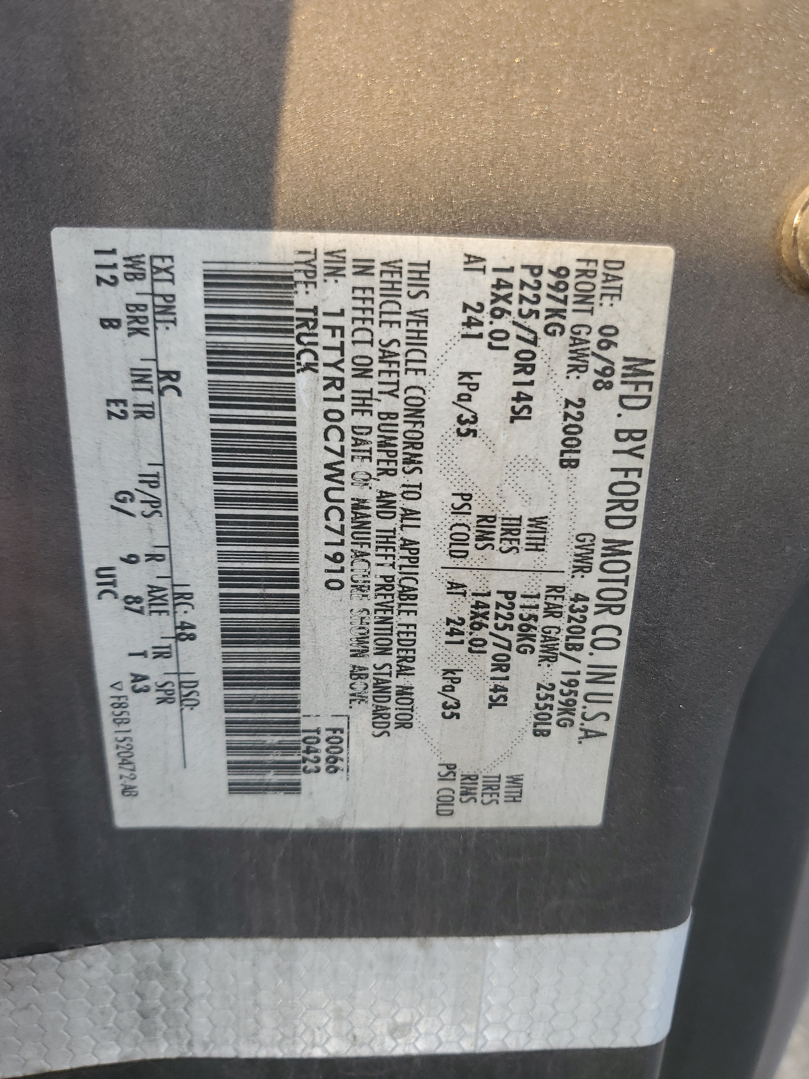 1FTYR10C7WUC71910 1998 Ford Ranger