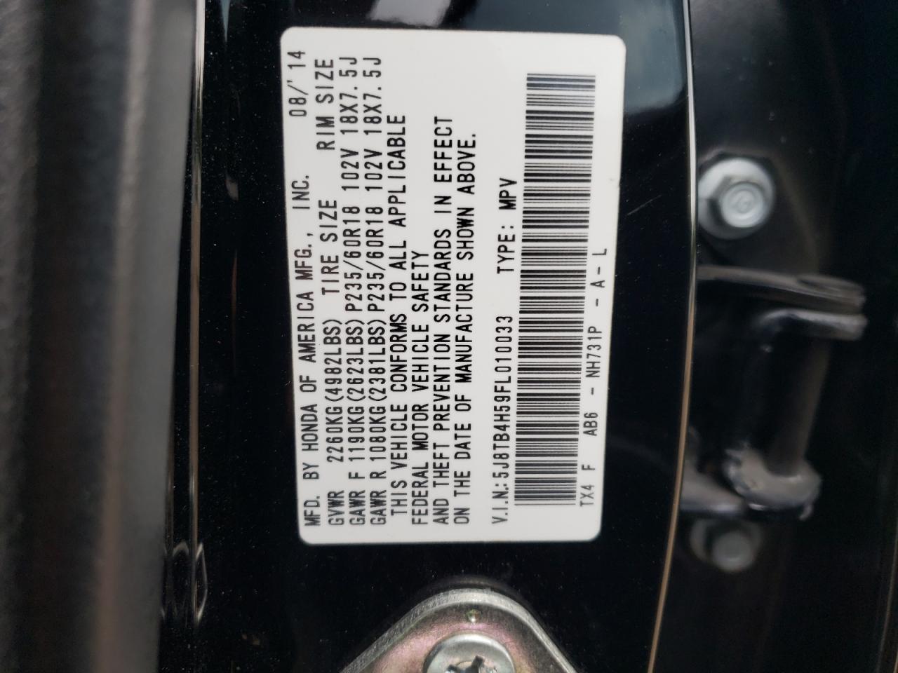 5J8TB4H59FL010033 2015 Acura Rdx Technology