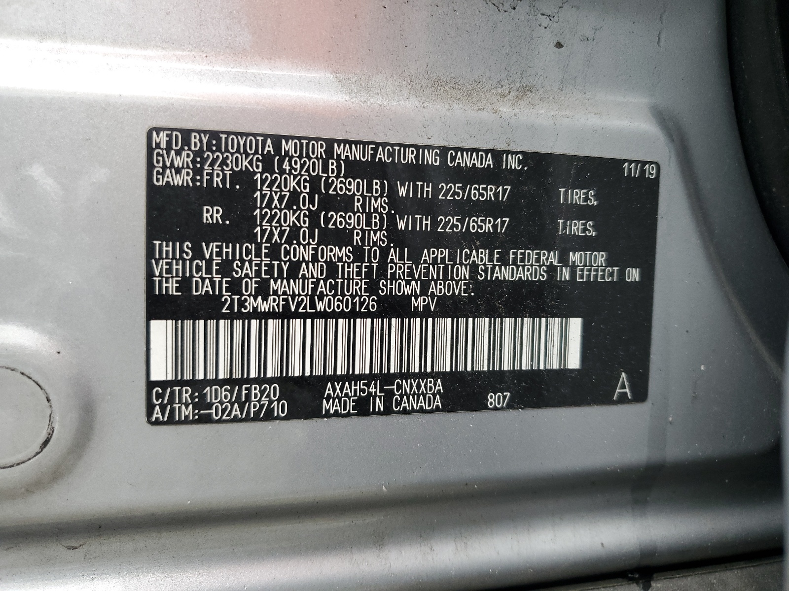 2T3MWRFV2LW060126 2020 Toyota Rav4 Le