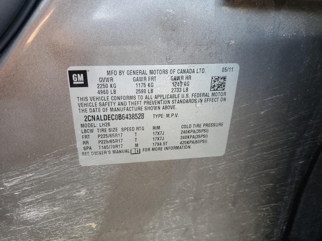 2011 Chevrolet Equinox Lt VIN: 2CNALDEC0B6438528 Lot: 62439024