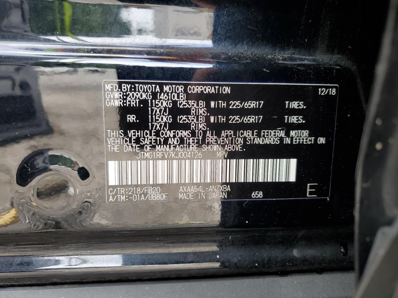 2019 Toyota Rav4 Le VIN: JTMG1RFV7KJ004126 Lot: 63189064