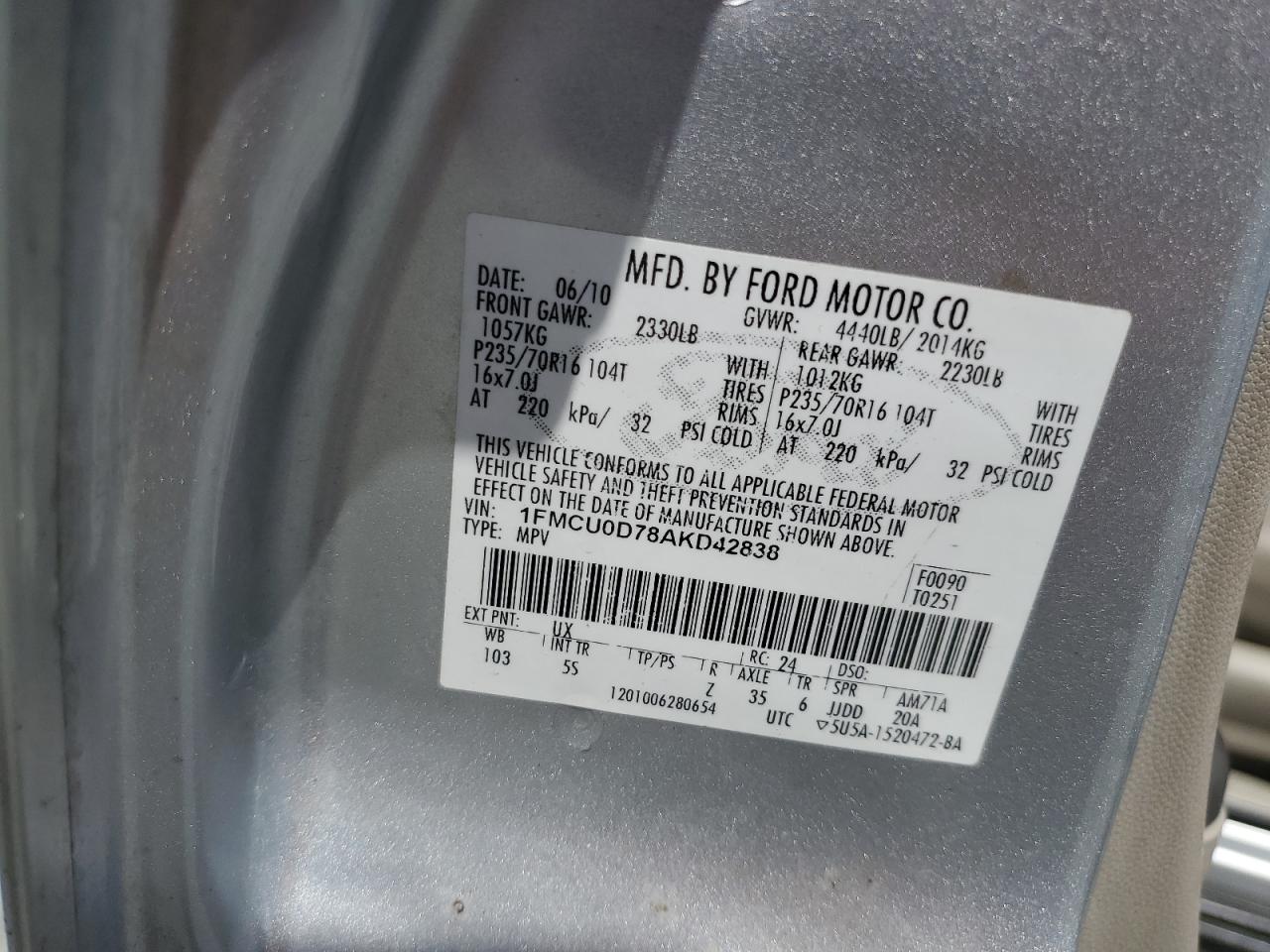 2010 Ford Escape Xlt VIN: 1FMCU0D78AKD42838 Lot: 63668334