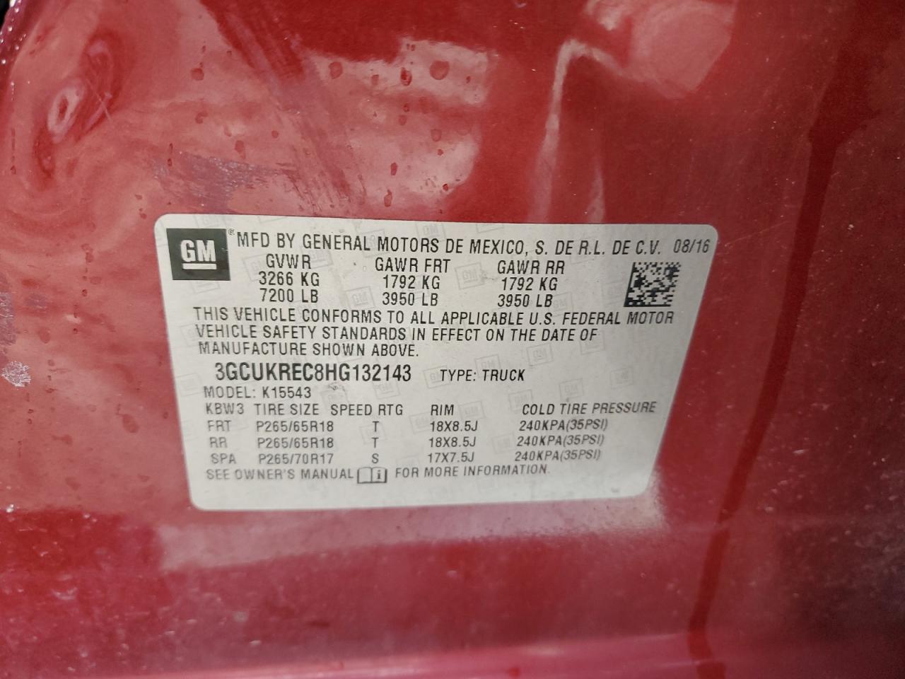 2017 Chevrolet Silverado K1500 Lt VIN: 3GCUKREC8HG132143 Lot: 65011724