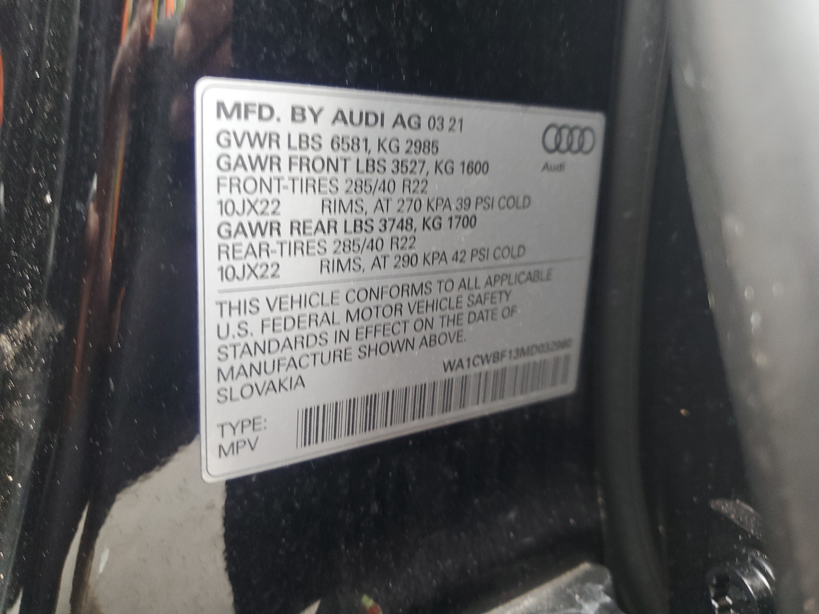 WA1CWBF13MD032960 2021 Audi Sq8 Prestige