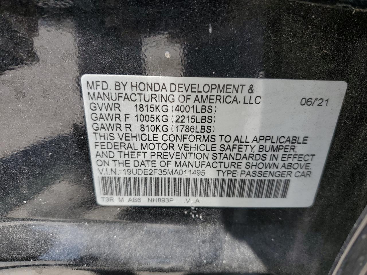 2021 Acura Ilx VIN: 19UDE2F35MA011495 Lot: 63020564