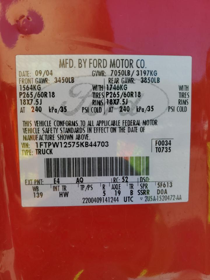 2005 Ford F150 Supercrew VIN: 1FTPW12575KB44703 Lot: 63546114