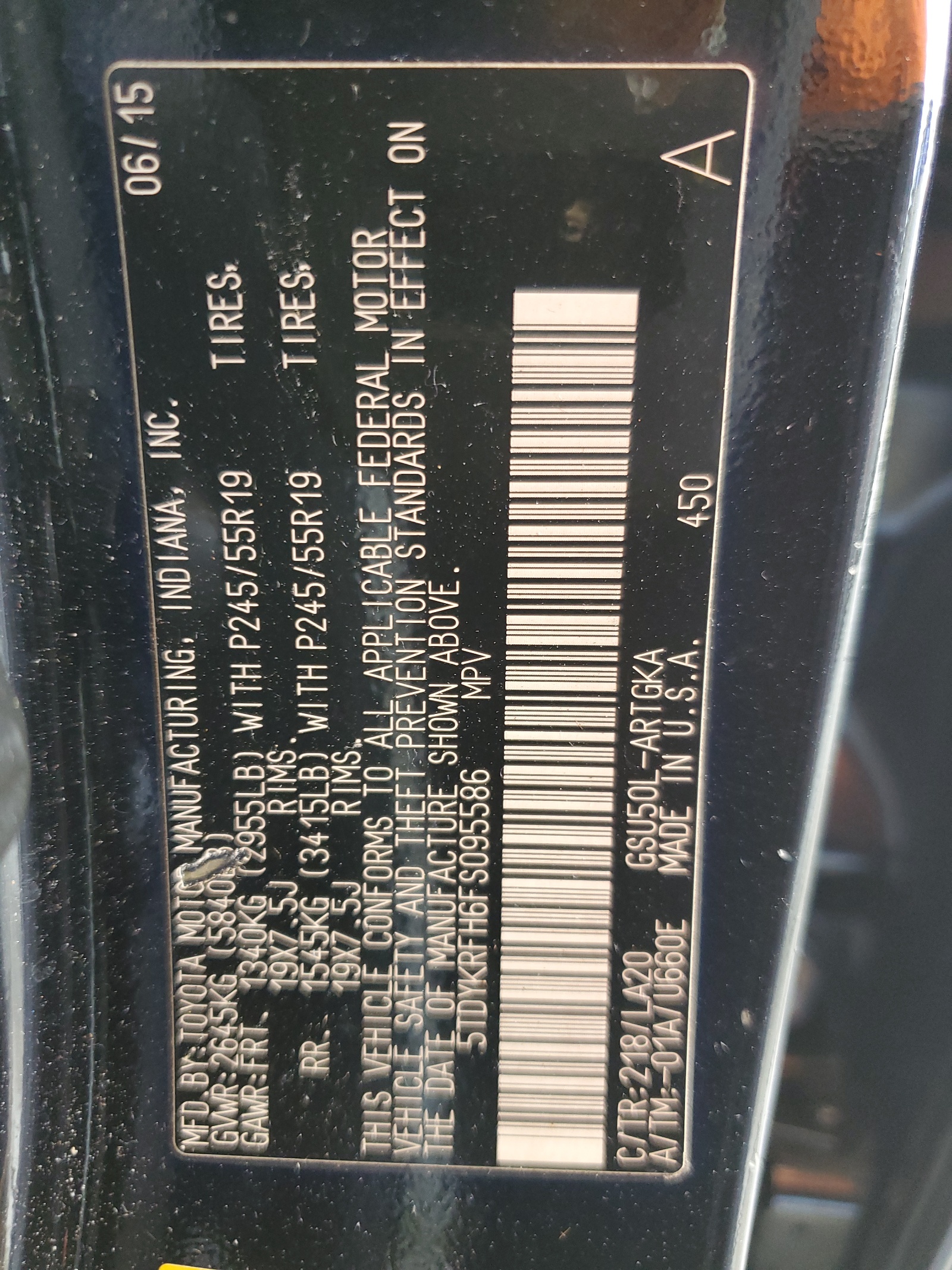 5TDYKRFH6FS095586 2015 Toyota Highlander Limited