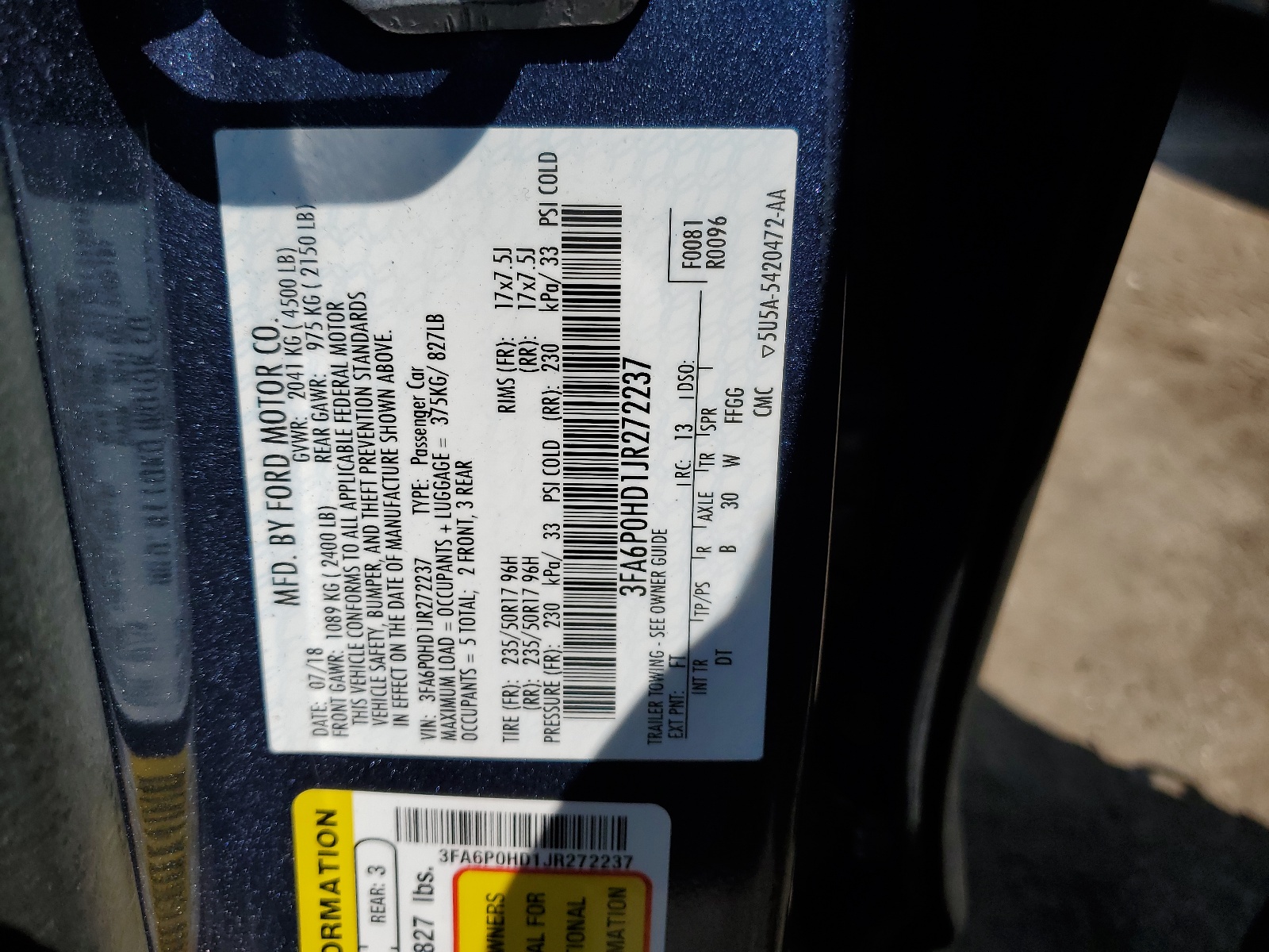 3FA6P0HD1JR272237 2018 Ford Fusion Se