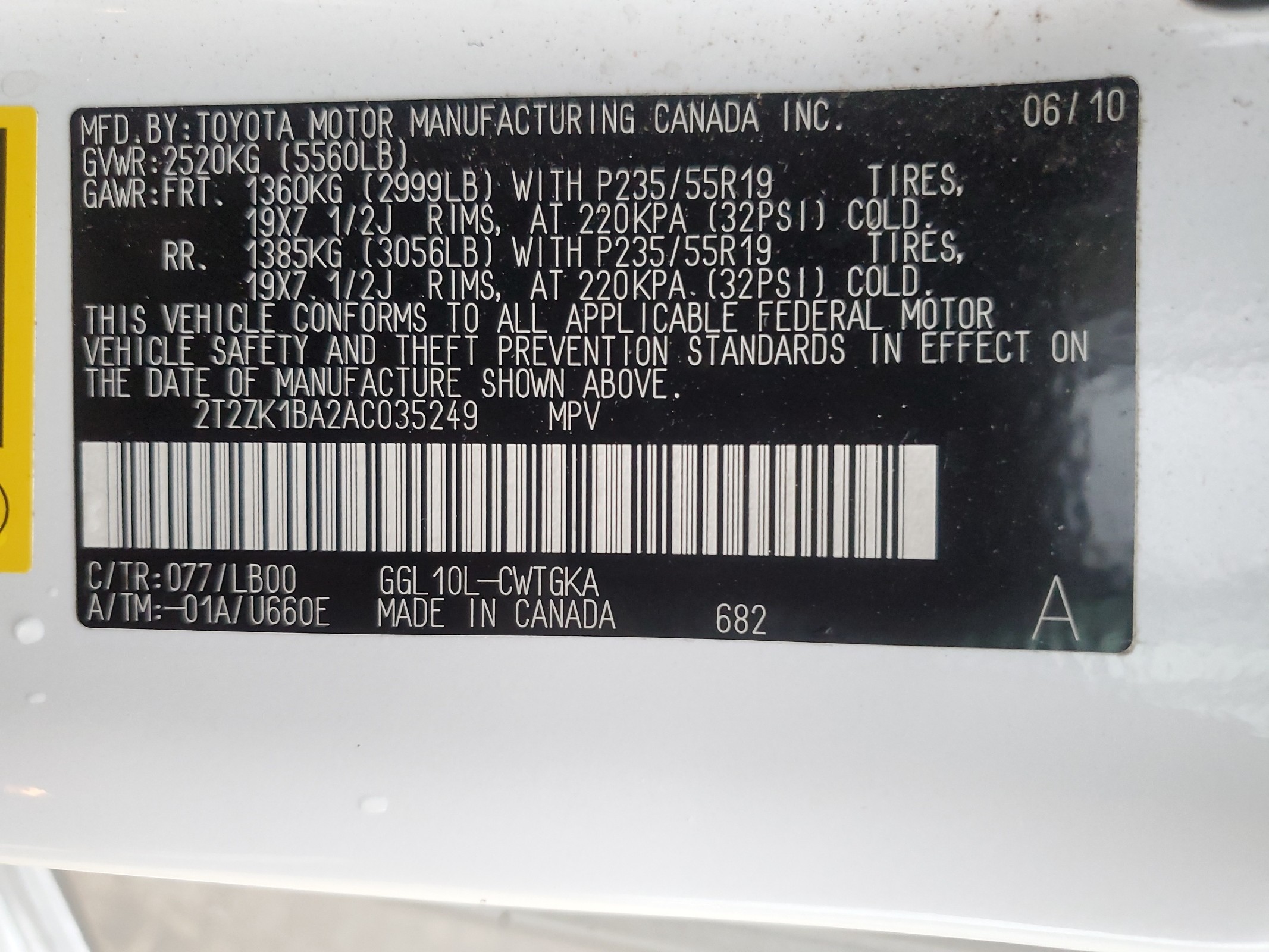 2T2ZK1BA2AC035249 2010 Lexus Rx 350