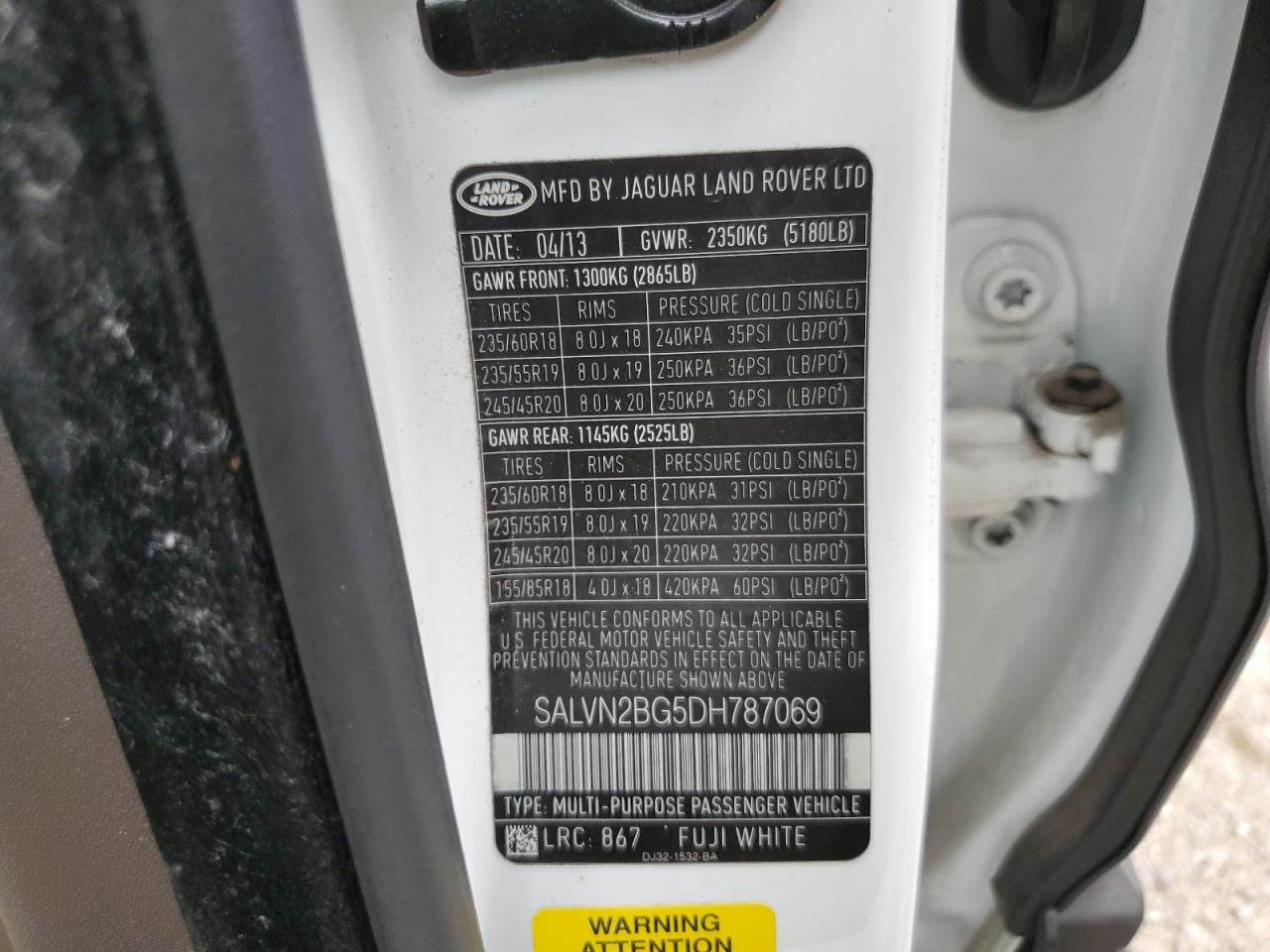 2013 Land Rover Range Rover Evoque Pure VIN: SALVN2BG5DH787069 Lot: 63867344