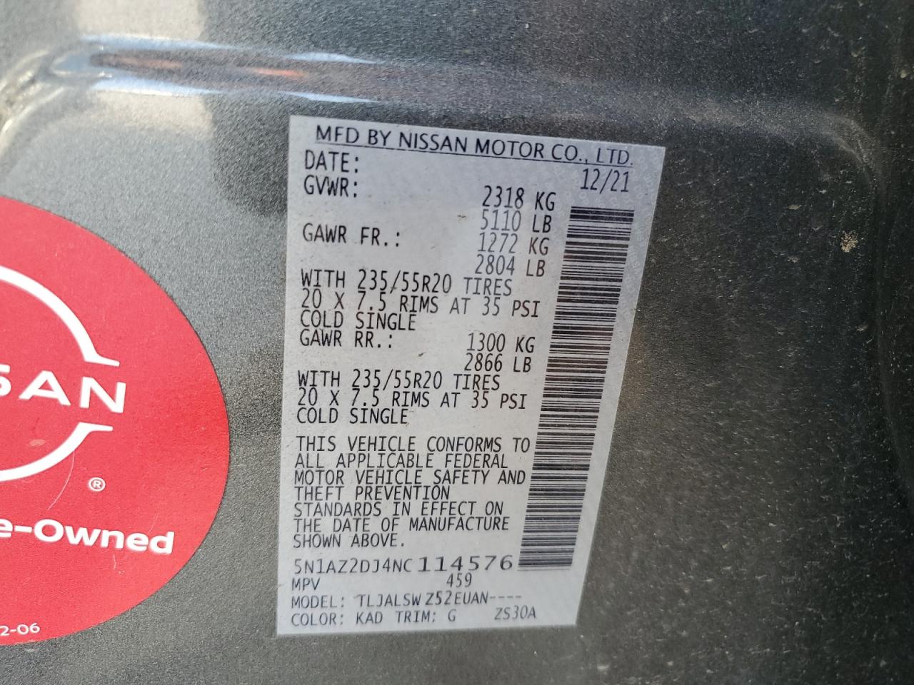 2022 Nissan Murano Platinum VIN: 5N1AZ2DJ4NC114576 Lot: 63815384