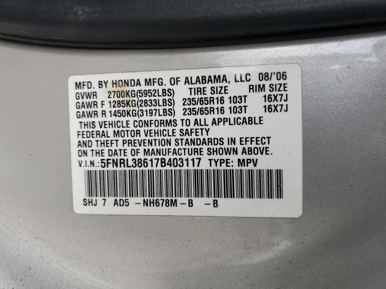 2007 Honda Odyssey Exl VIN: 5FNRL38617B403117 Lot: 63092024