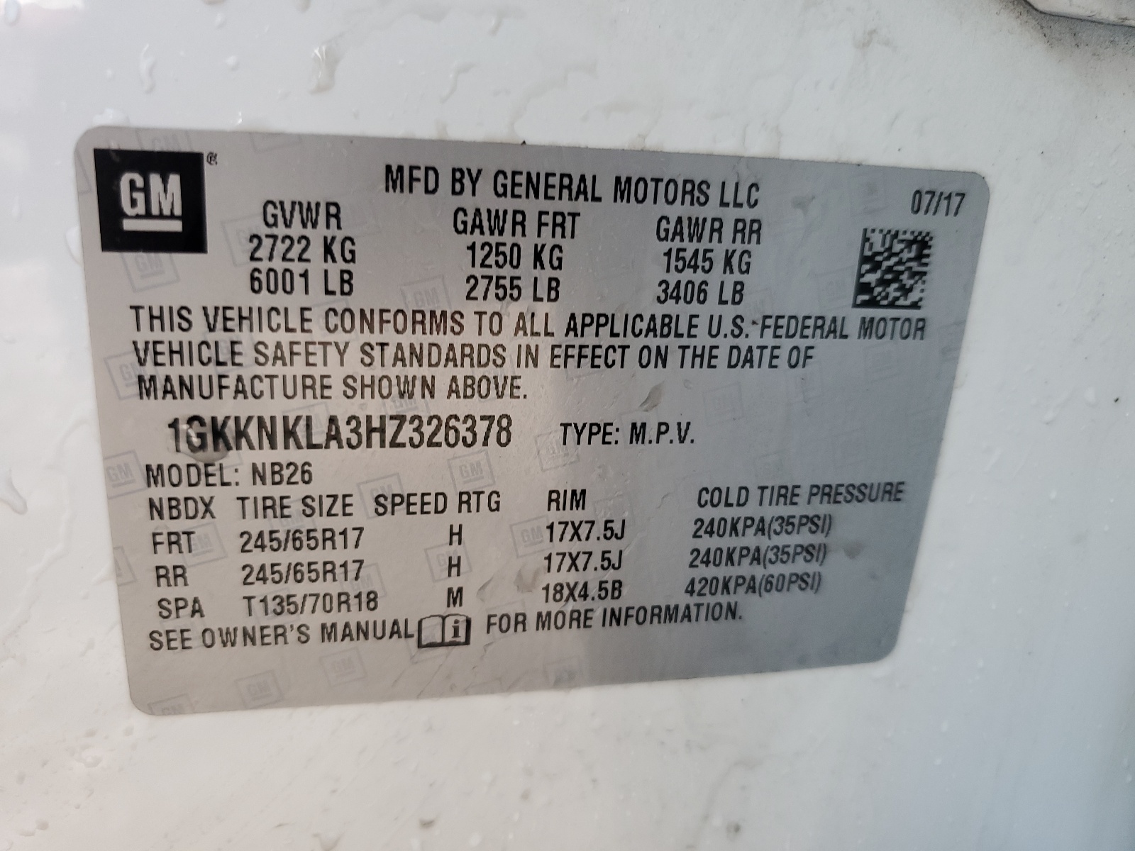 1GKKNKLA3HZ326378 2017 GMC Acadia Sle