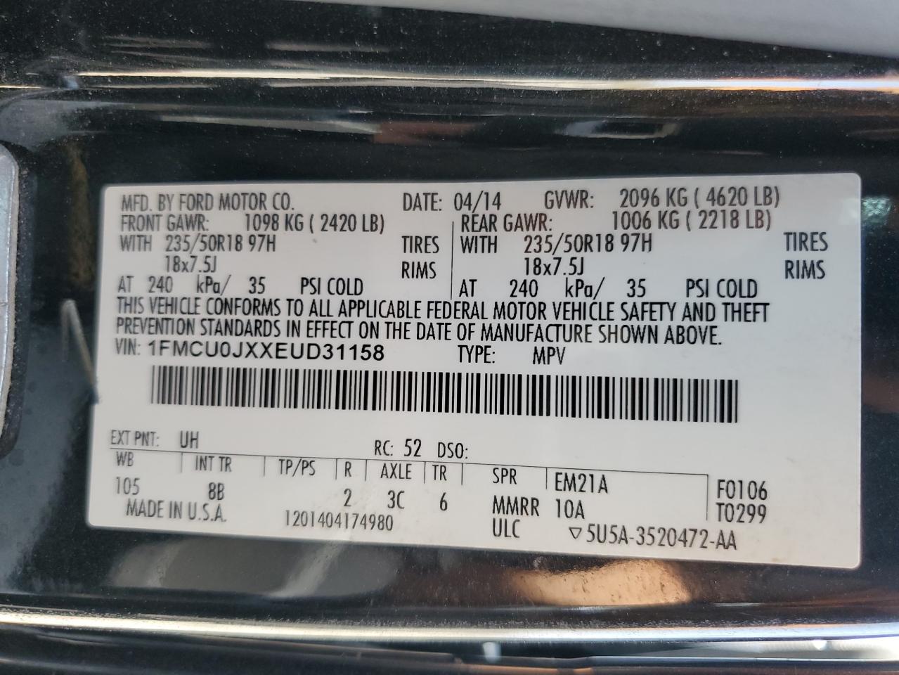 1FMCU0JXXEUD31158 2014 Ford Escape Titanium