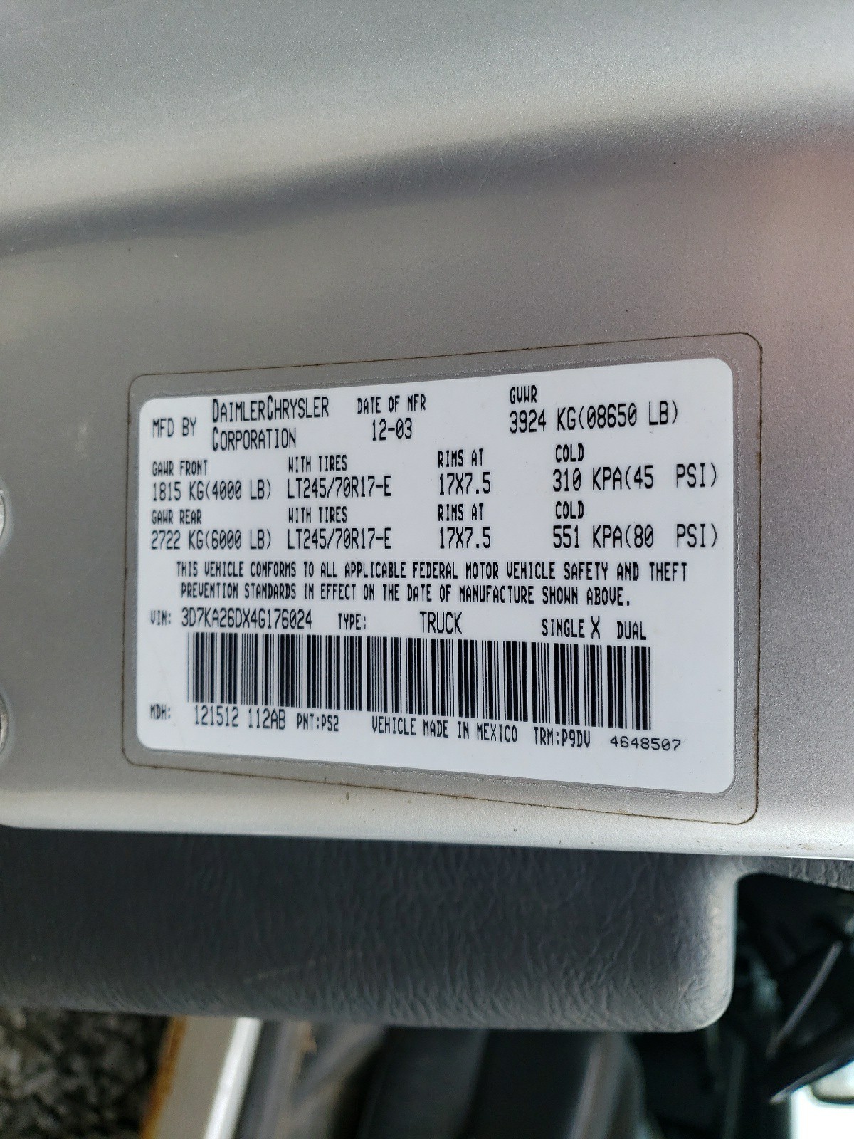 3D7KA26DX4G176024 2004 Dodge Ram 2500 St