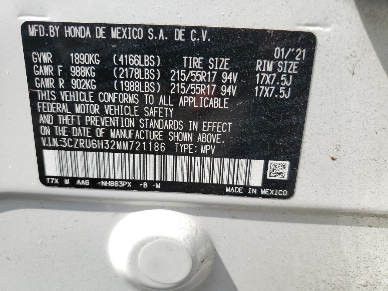 2021 Honda Hr-V Lx VIN: 3CZRU6H32MM721186 Lot: 65316224