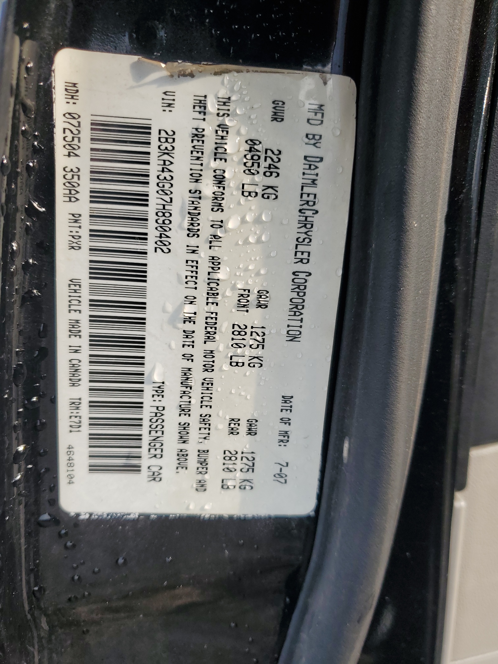 2B3KA43G07H890402 2007 Dodge Charger Se