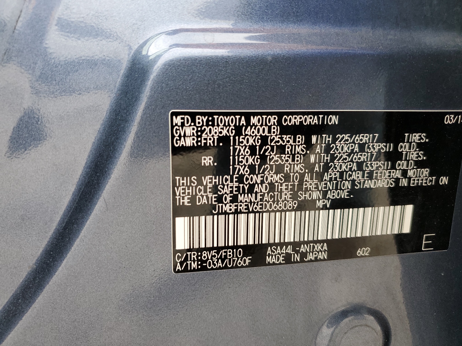 JTMBFREV6ED068089 2014 Toyota Rav4 Le