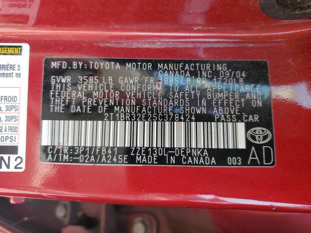 2005 Toyota Corolla Ce VIN: 2T1BR32E25C378424 Lot: 62363524