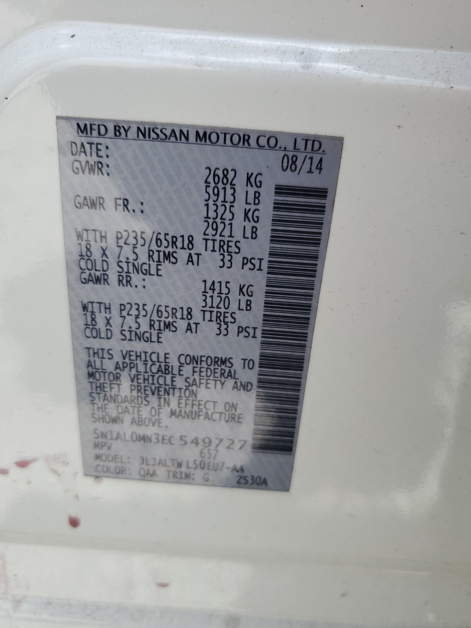 5N1AL0MN3EC549727 2014 Infiniti Qx60