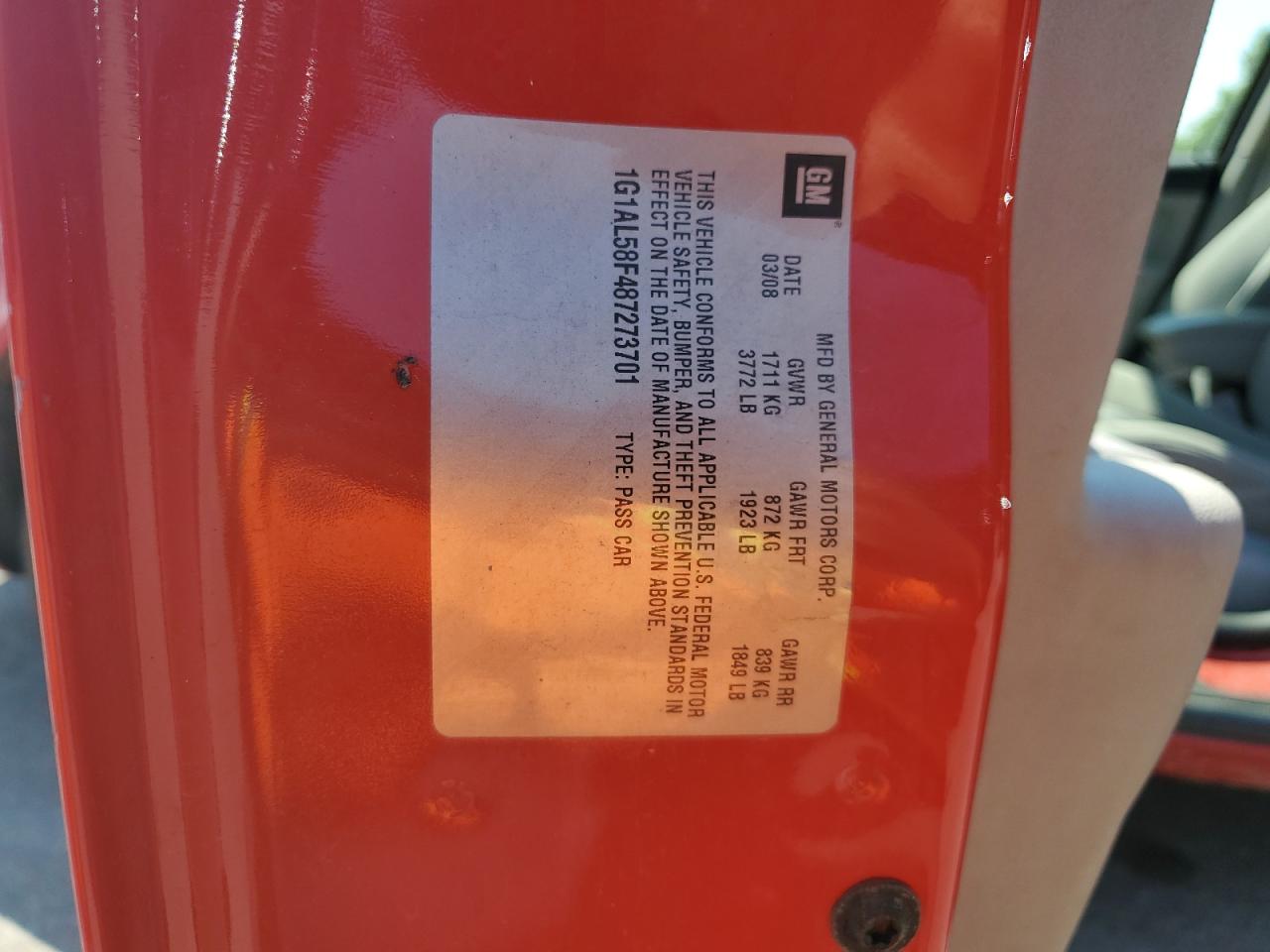 2008 Chevrolet Cobalt Lt VIN: 1G1AL58F487273701 Lot: 63976484