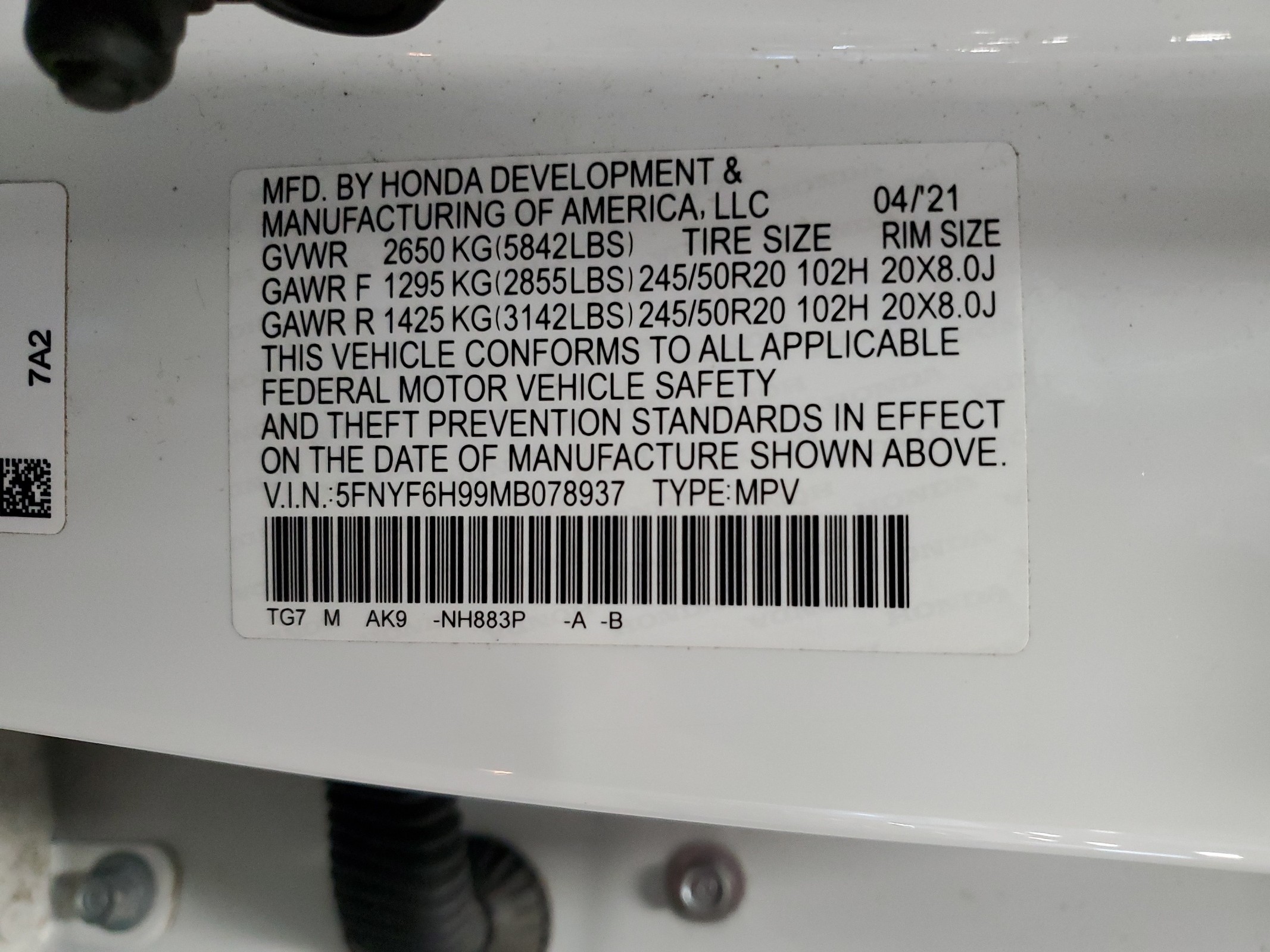 5FNYF6H99MB078937 2021 Honda Pilot Touring