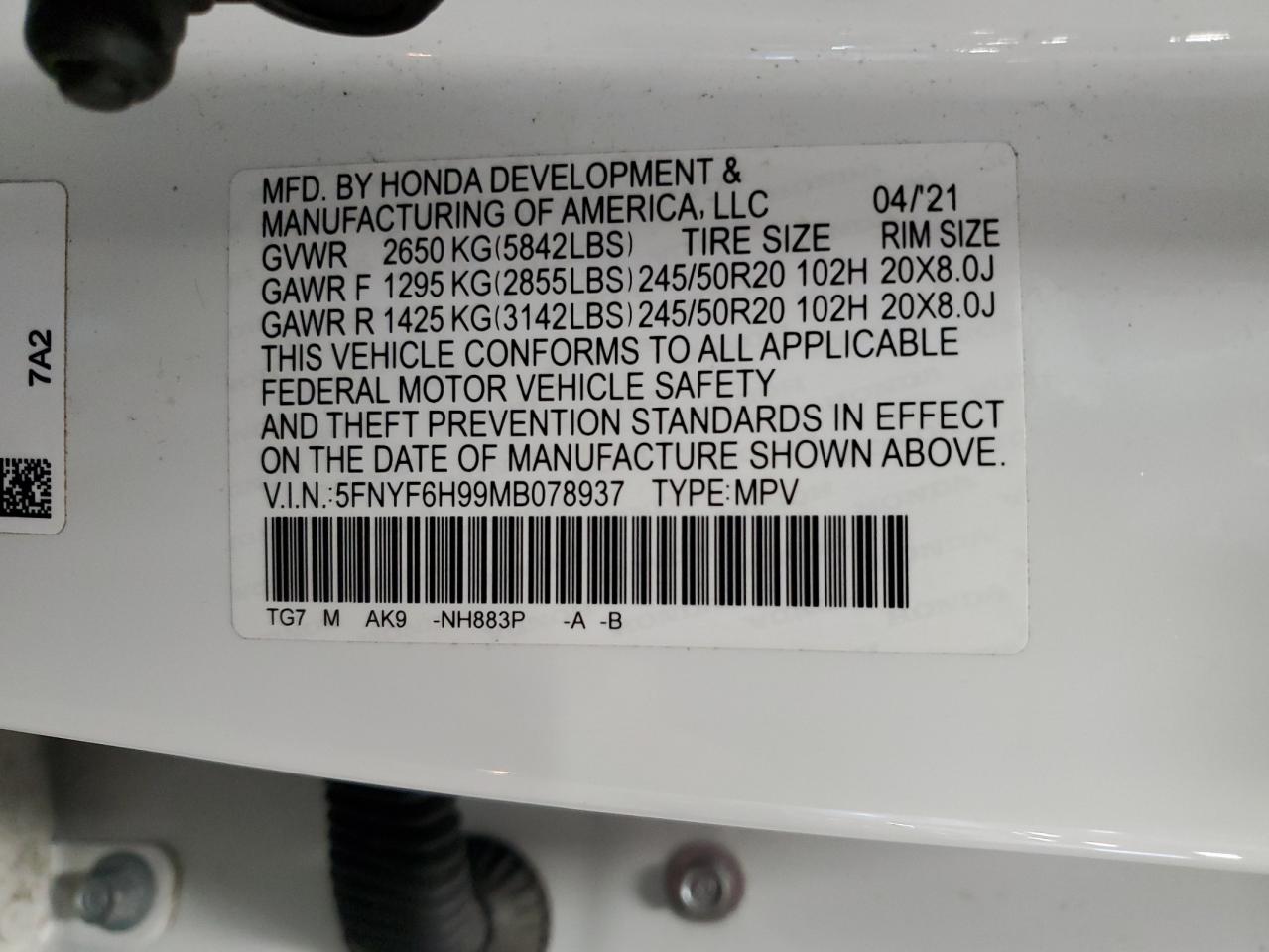 2021 Honda Pilot Touring VIN: 5FNYF6H99MB078937 Lot: 63323104