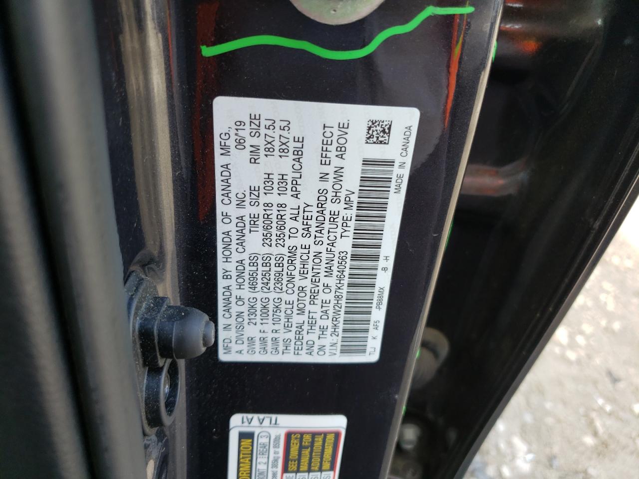 2019 Honda Cr-V Exl VIN: 2HKRW2H87KH640563 Lot: 61884174