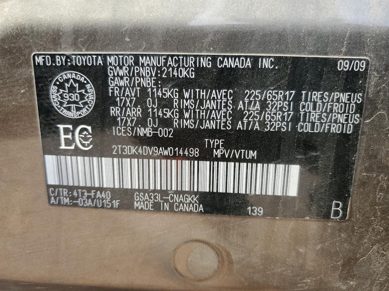 2010 Toyota Rav4 Limited VIN: 2T3DK4DV9AW014498 Lot: 64702394