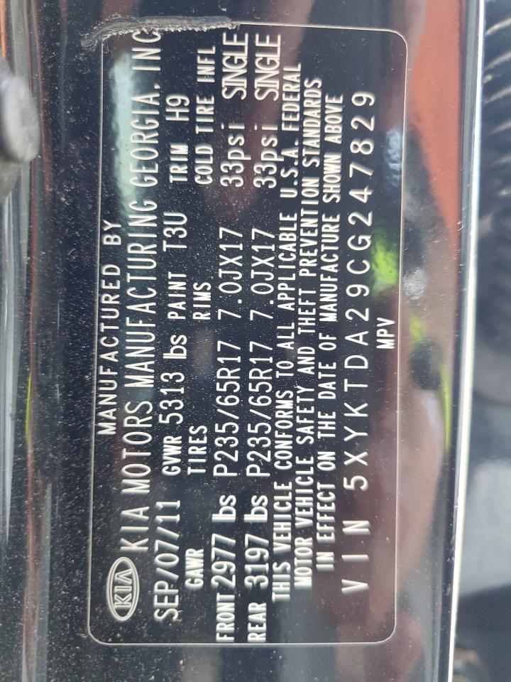 2012 Kia Sorento Base VIN: 5XYKTDA29CG247829 Lot: 62105394