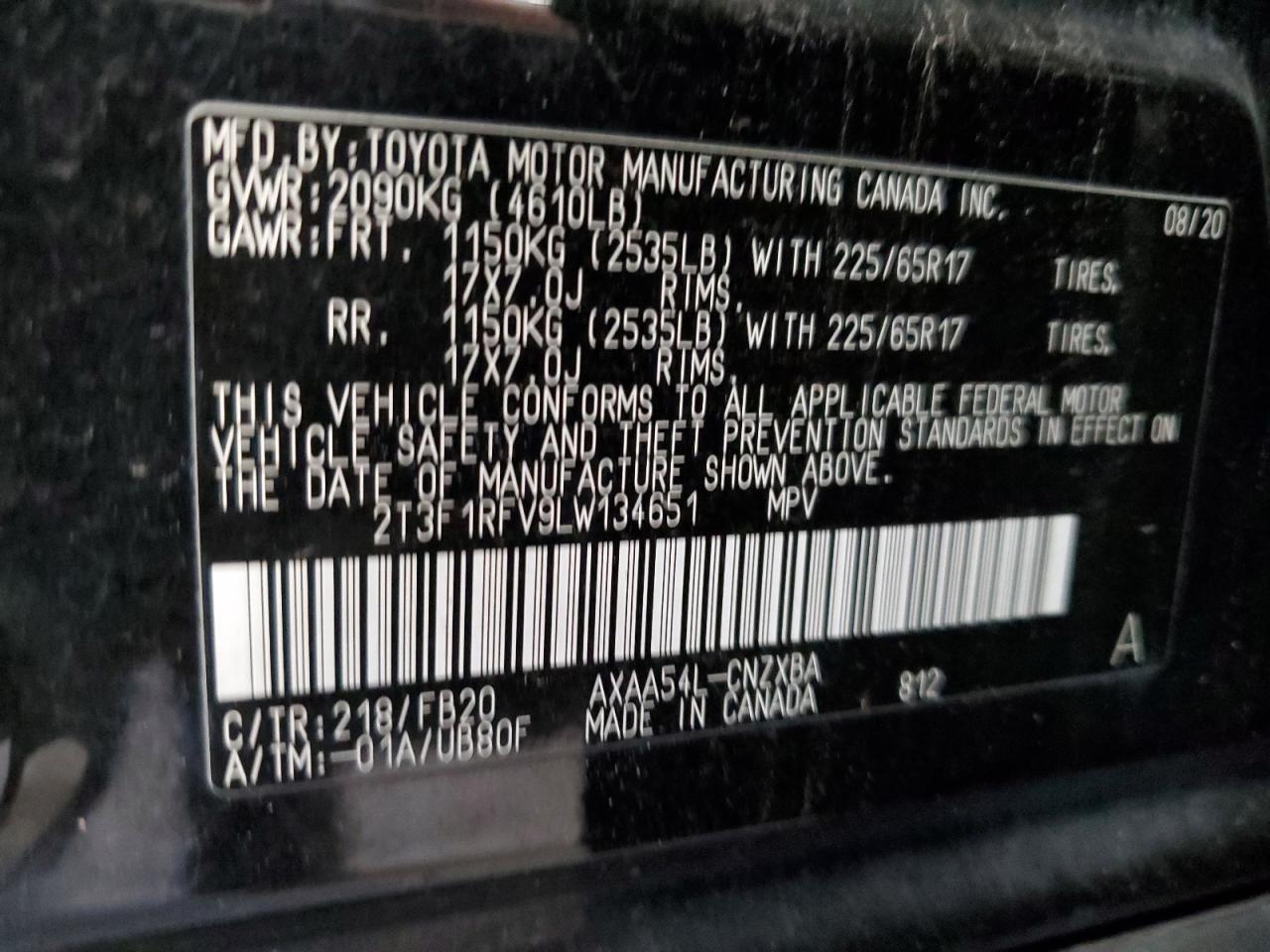 2020 Toyota Rav4 Le VIN: 2T3F1RFV9LW134651 Lot: 62522284