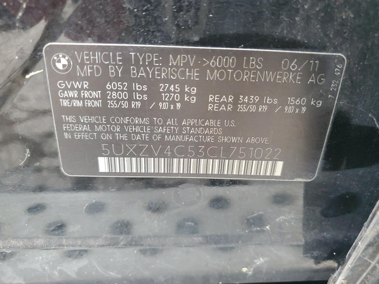 2012 BMW X5 xDrive35I VIN: 5UXZV4C53CL751022 Lot: 63641834