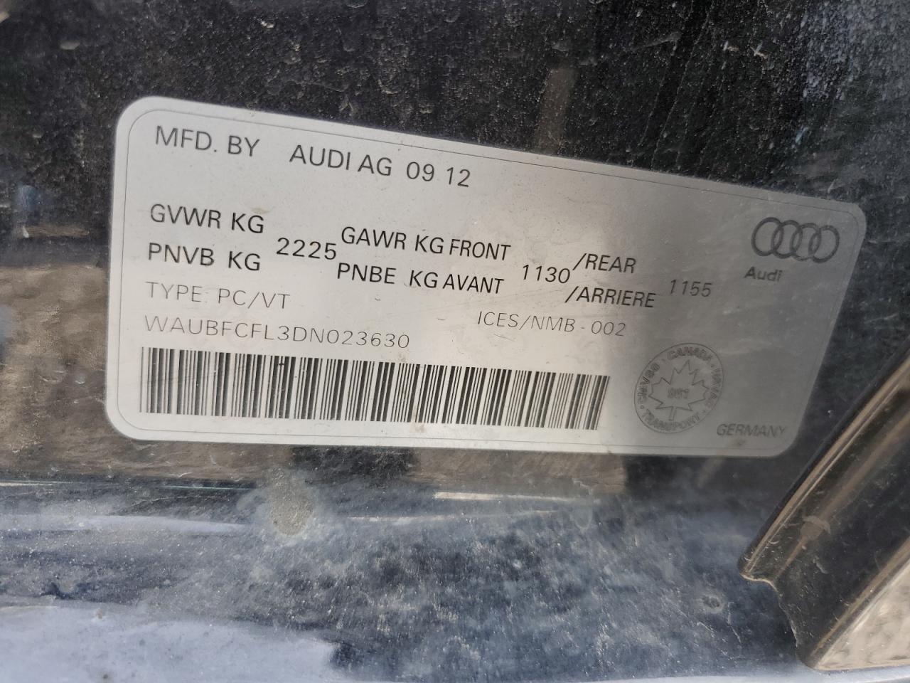 2013 Audi A4 Premium VIN: WAUBFCFL3DN023630 Lot: 62187744