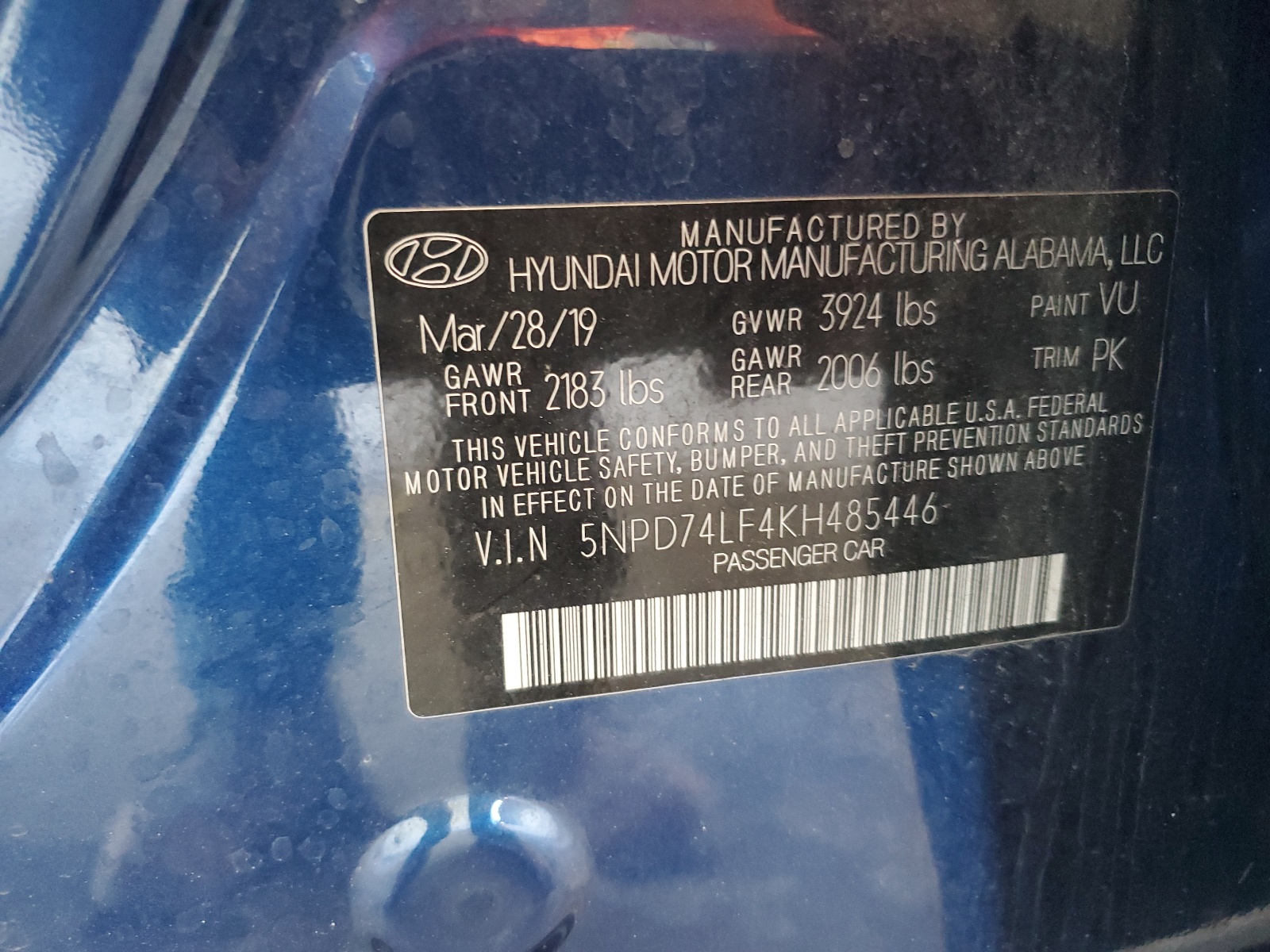 2019 Hyundai Elantra Se vin: 5NPD74LF4KH485446