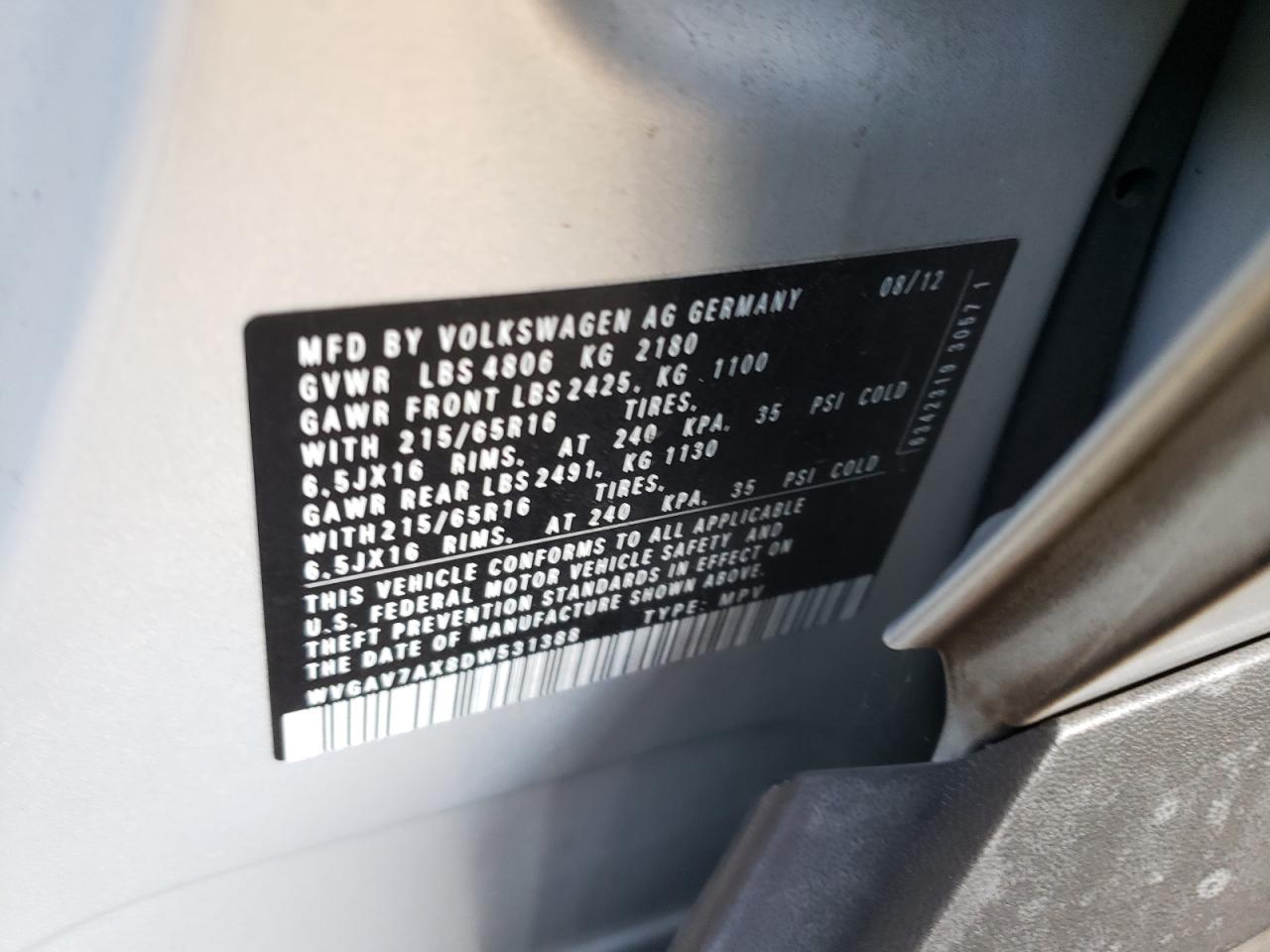 2013 Volkswagen Tiguan S VIN: WVGAV7AX8DW531388 Lot: 61718694