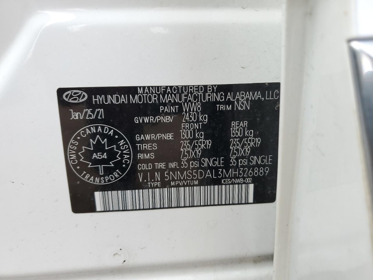 2021 Hyundai Santa Fe Calligraphy VIN: 5NMS5DAL3MH326889 Lot: 63857264